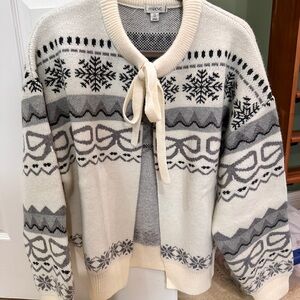 Anthropologie Maeve Cream and Gray fairisle Patterned Cardigan with tie front